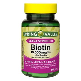 Spring Valley Extra Strength Biotin Plus Keratin Dietary Supplement; 10; 000 mcg; 60 Count