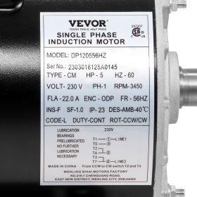 VEVOR 5HP Air Compressor Motor, 230V 22 Amps Electric Motor, 3450RPM 56HZ Frame, Keyed Shaft, Shaft Length For Air Compressors, CW CCW Rotation